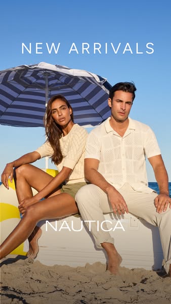 This ad for Nautica features a man and woman sitting on a cooler on a sandy beach, shaded by an umbrella. The ad highlig
