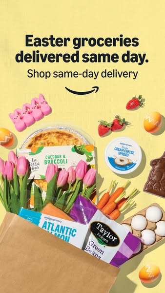 This image ad for Amazon promotes same-day delivery for Easter groceries. The ad features a variety of grocery items, in