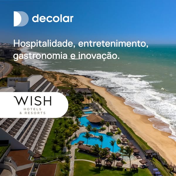 This image ad for Decolar features a high-angle shot of a Wish Hotels & Resorts property on a coastline. The ad high