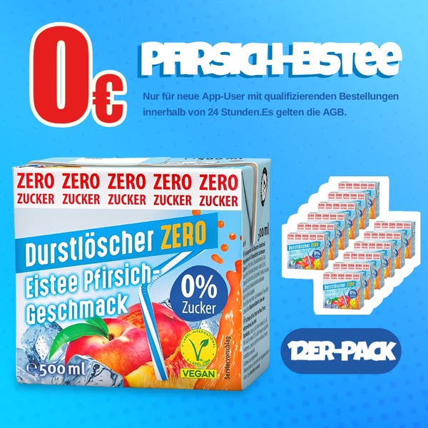 This ad promotes peach iced tea with a zero-sugar formulation. It highlights a limited-time offer for new app users.