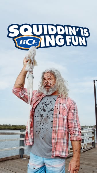This ad features a man covered in squid ink holding up a squid. The ad is promoting the brand BCF and suggests that '