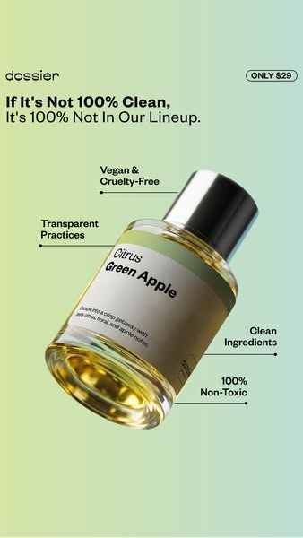 This ad for Dossier perfumes highlights that the brand's products are made with clean and transparent practices. The