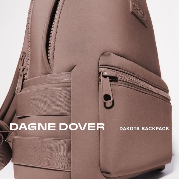 This ad for Dagne Dover features a close-up shot of their Dakota Backpack in a muted mauve tone. The focus is on the bag