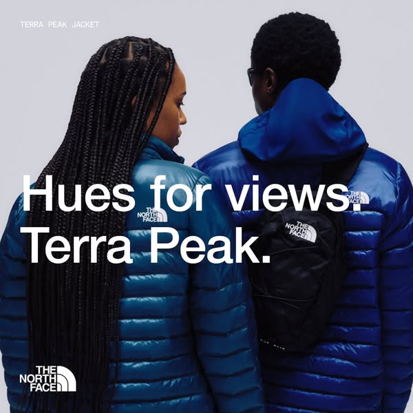 This ad showcases The North Face's Terra Peak Jacket, highlighting its stylish design and suitability for outdoor ac