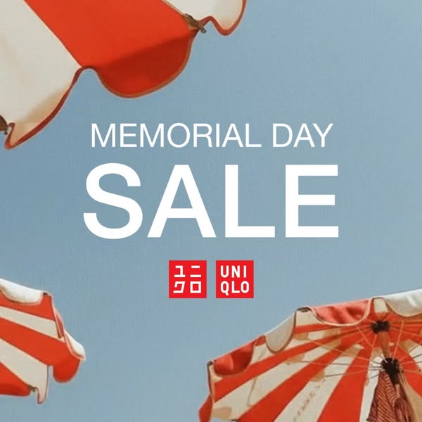 A promotional ad for a Memorial Day sale from UNIQLO, displayed against a backdrop of beach umbrellas.