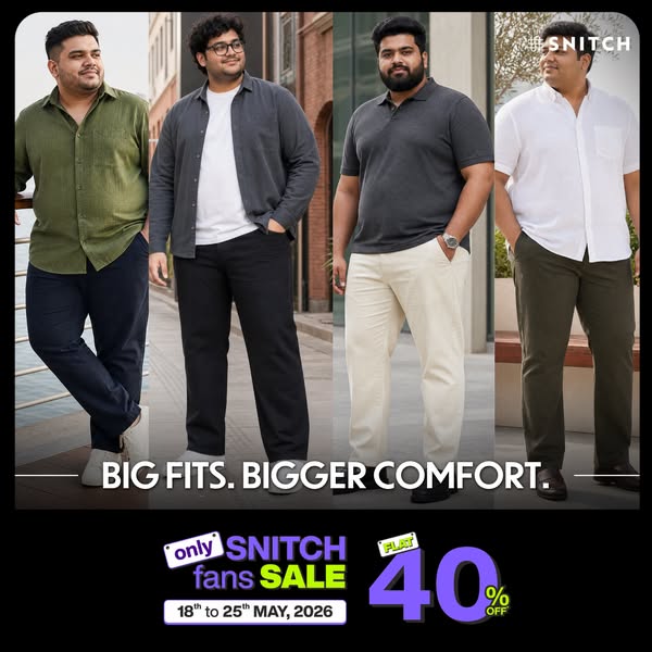 This ad showcases plus-size male models wearing clothes from SNITCH. The models each have different styles that are suit
