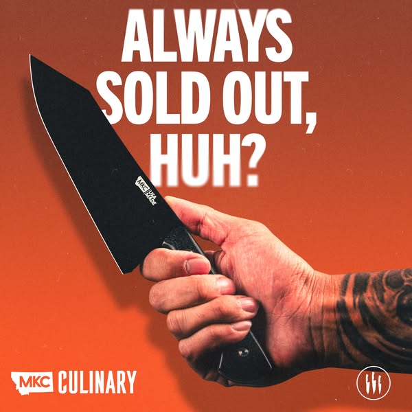 This ad for MKC Culinary features a close-up of a hand holding a black chef's knife, with the headline "ALWAYS 