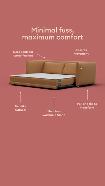 This ad highlights the features of a convertible sofa-bed, emphasizing its comfort, ease of use, and practical design. T
