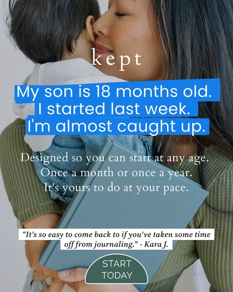 An image ad for the product Kept shows a woman holding a baby and a Kept journaling book. The text copy aims to show tha