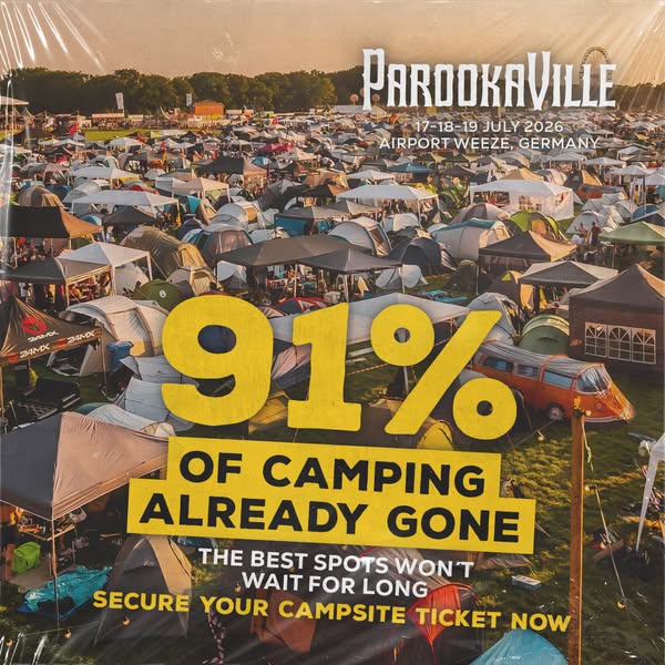 This ad promotes the Parookaville music festival, emphasizing the limited availability of camping spots. It uses an imag