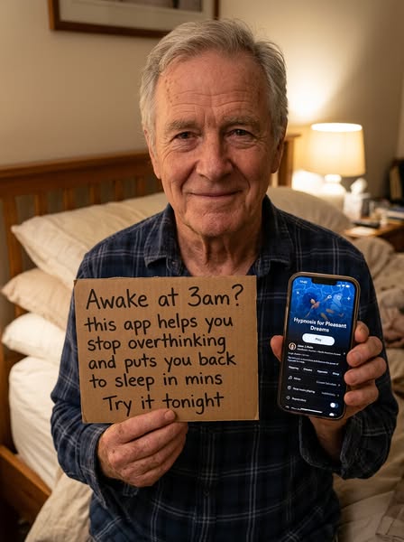 An image ad shows an older man holding a phone displaying the hypnosis app. He also holds a handwritten cardboard sign t