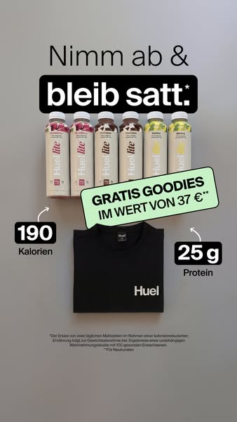 This ad showcases Huel Lite meal replacement shakes, emphasizes their low-calorie and high-protein content, and promotes