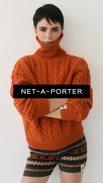 This ad features a woman wearing a cable knit sweater and patterned shorts. The brand name is displayed in the center of