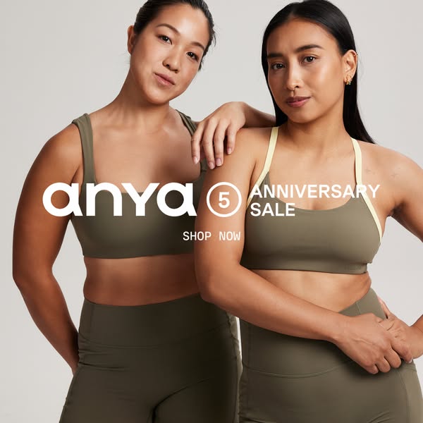 This image ad promotes Anya activewear, specifically sports bras and leggings, highlighting the brand's 5th-annivers