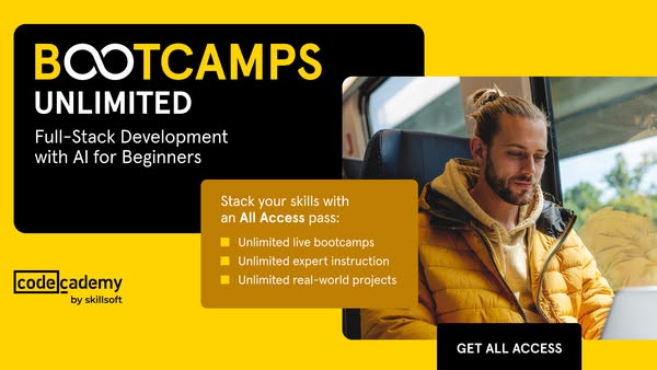 This image ad promotes Codecademy's bootcamps, specifically focusing on Full-Stack Development with AI for beginners