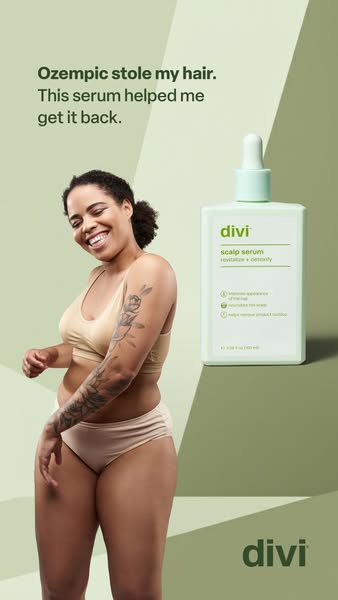 This ad features a woman who claims that the Divi scalp serum helped her get her hair back after Ozempic stole it.