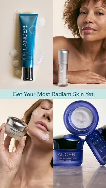 This ad for Lancer skincare features a variety of products aimed at achieving radiant skin. It uses a split-screen layou