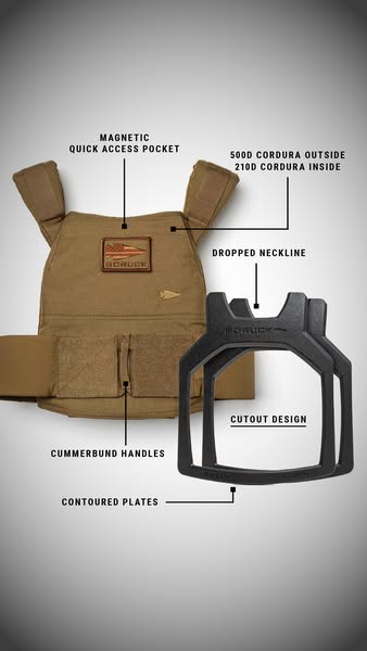 This ad showcases the features of the Goruck plate carrier, highlighting its magnetic quick access pocket, 500D Cordura 