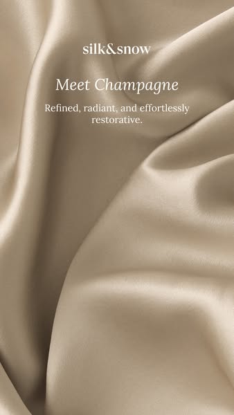 This ad introduces the Silk & Snow brand and their champagne-colored silk pillowcase. The ad focuses on the luxuriou