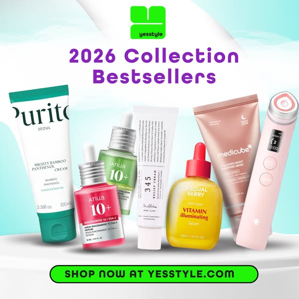 This image ad showcases a collection of skincare products available on YesStyle.com, highlighting their '2026 Collec
