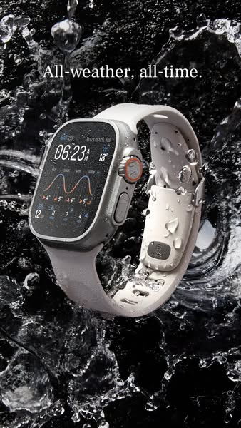 This ad showcases the Apple Watch Ultra in a dynamic environment with water splashes, emphasizing its durability and all