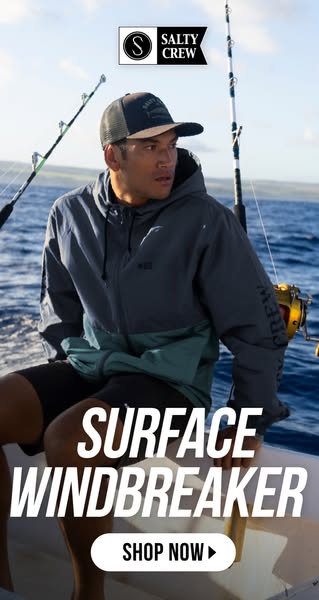 This ad features a man on a boat wearing the Salty Crew Surface Windbreaker. The ad shows the product in use and provide