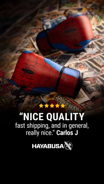 This ad features a customer testimonial for Hayabusa's Spider-Man boxing gloves. The ad highlights the quality and f