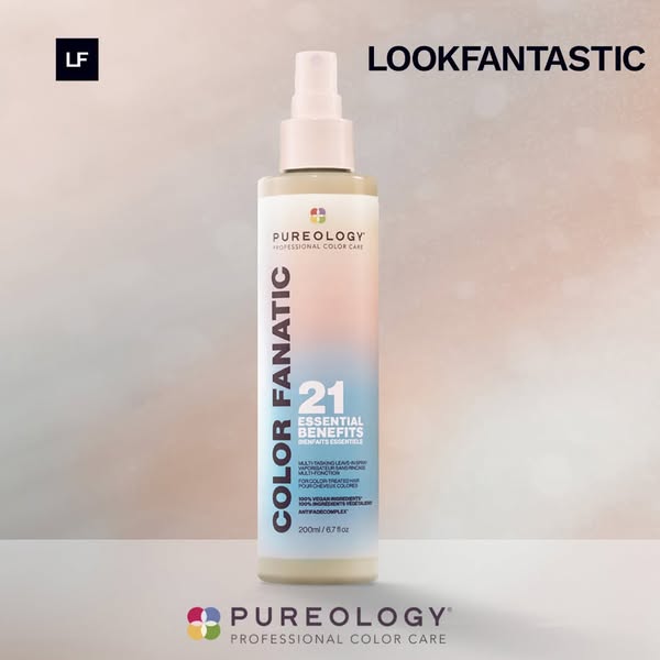 This ad features Pureology's Color Fanatic multi-tasking leave-in spray. The ad highlights the product's 21 esse