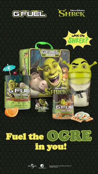This ad showcases a collaboration between G Fuel and Dreamworks' Shrek, featuring a special edition Shrek-themed G F