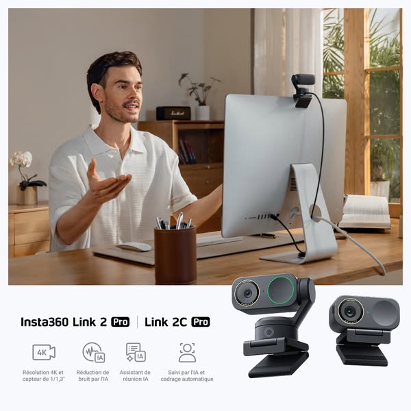 This ad showcases the Insta360 Link 2 Pro and Link 2C Pro webcams, highlighting their 4K resolution, noise reduction, AI