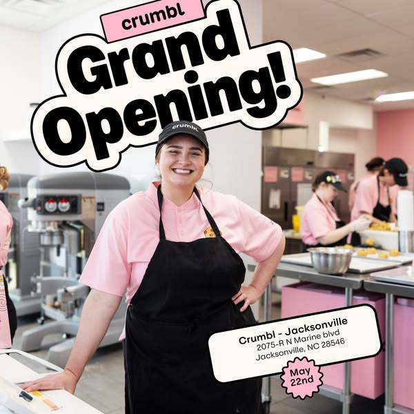 This image ad announces the grand opening of a Crumbl Cookies location in Jacksonville, NC.