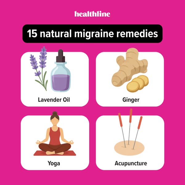 This ad promotes 15 natural migraine remedies by visually showcasing four of them: lavender oil, ginger, yoga, and acupu