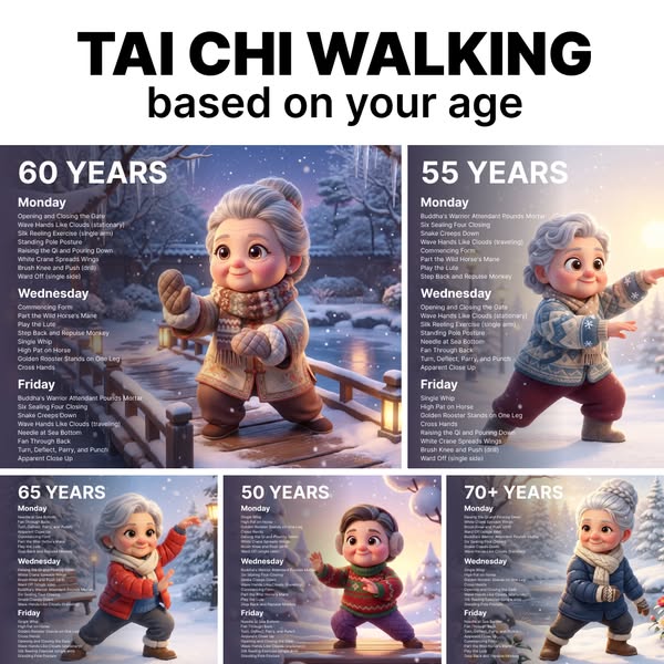 This image ad promotes Tai Chi Walking exercises tailored to different age groups, featuring animated characters perform