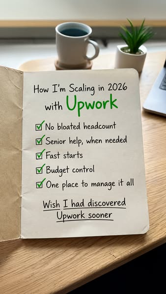 This ad uses a handwritten notebook to demonstrate how a business can scale in 2026 using Upwork. It presents Upwork as 