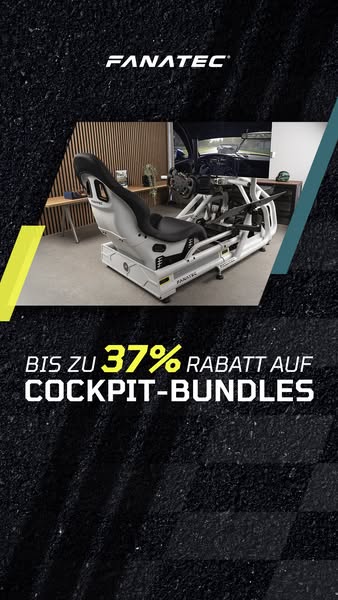 The ad promotes Fanatec, a brand specializing in creating immersive sim racing experiences. The ad features a cockpit bu