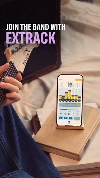 This ad promotes the Extrak app, which allows users to join a band. The ad features a person playing guitar with the app