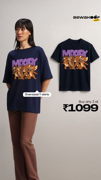 This ad features a woman wearing a navy blue oversized t-shirt with a cartoon graphic. The ad promotes a 'buy any 2 