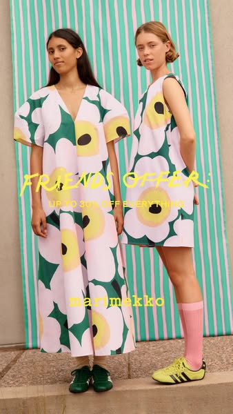 This ad promotes Marimekko clothing with a special offer for friends, featuring two women wearing Marimekko dresses in f