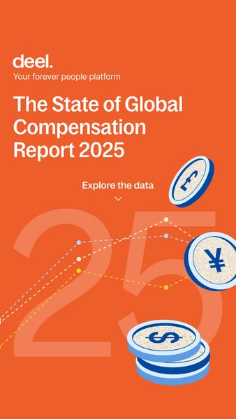 This ad promotes Deel's 2025 State of Global Compensation Report. The ad uses a simple design with a bright orange b