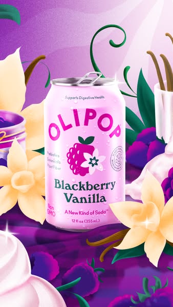 An Olipop ad showcasing its Blackberry Vanilla flavor with a whimsical and fruity background, highlighting its digestive