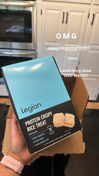 This ad promotes Legion's Protein Crispy Rice Treat, highlighting its upcoming launch date and nutritional benefits.