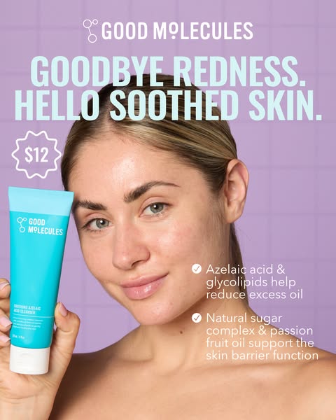 This ad for Good Molecules features a woman with redness on her face holding the Soothing Azelaic Acid Cleanser. The ad 