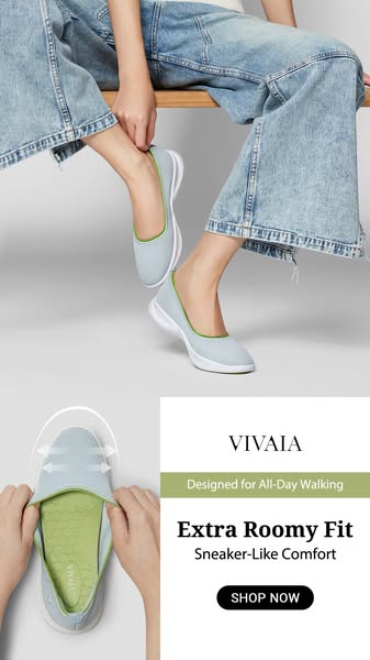 A woman puts on a light blue VIVAIA shoe. The ad then zooms in on the shoe's insole and highlights the shoe's ro