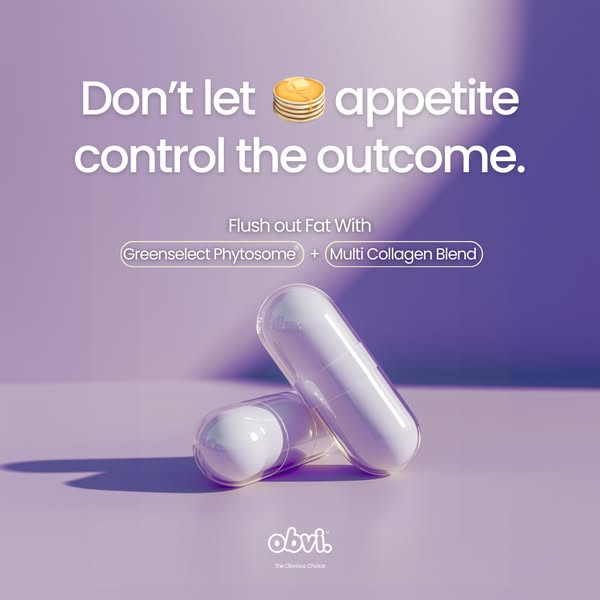 This image ad by Obvi promotes a supplement that helps control appetite and flush out fat with Greenselect Phytosome and