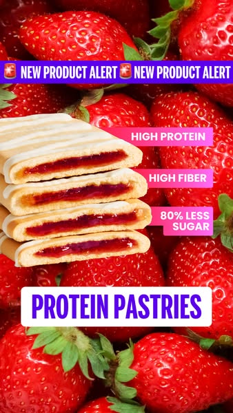 This ad showcases a close-up shot of protein pastries stacked in front of fresh strawberries. The ad highlights the nutr
