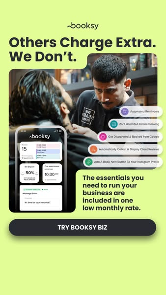 This image ad for Booksy Biz features a man getting his haircut, contrasting Booksy's low monthly rate with competit
