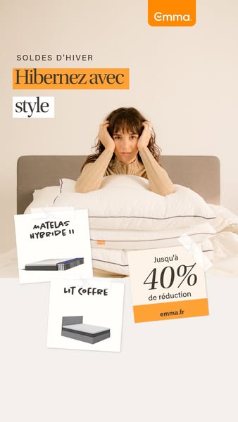 This image ad promotes Emma mattresses and bed frames for the winter season, offering up to 40% off. It features a woman