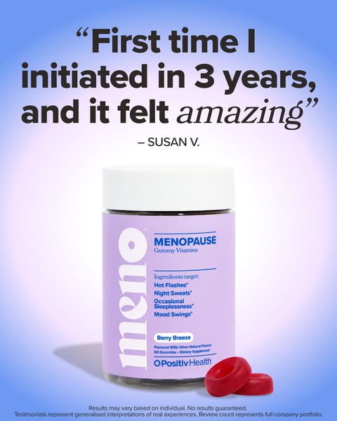 This ad features a testimonial about OPositiv Health's Meno Menopause Gummy Vitamins. The testimonial focuses on the