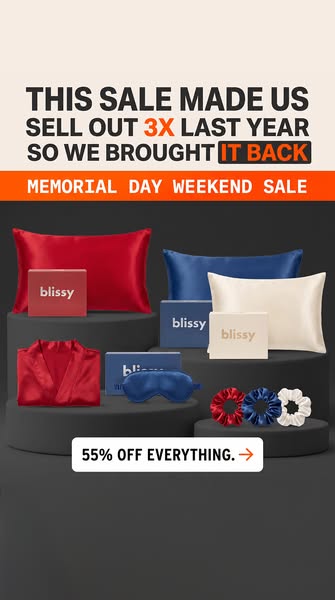 This image ad for Blissy advertises a Memorial Day Weekend Sale with 55% off everything. The ad features a variety of Bl