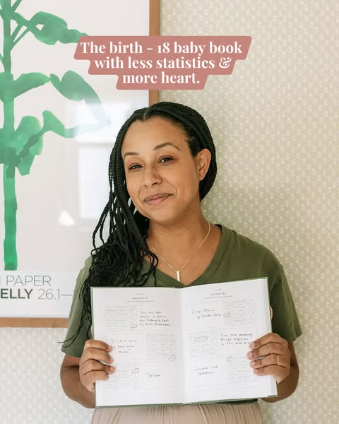 This ad features a woman holding a baby book. Text over the image says the baby book includes less statistics and more h